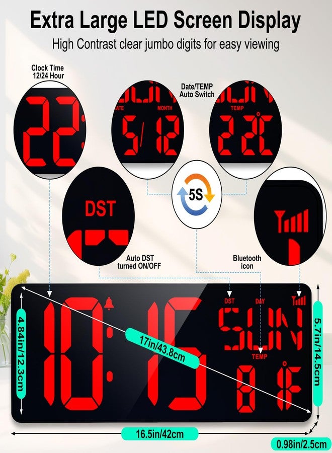 XREXS 17.2" Large Digital Wall Clock Bluetooth Sync Time, Precise Atomic Clocks with Remote Control, Adjustable Dimmer Grandfather Clock, Temperature for Bedroom, Desk Alarm Clock for Elderly - Image 3